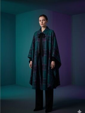 Vintage 100% Virgin Wool Green and Purple Plaid Cape O/S